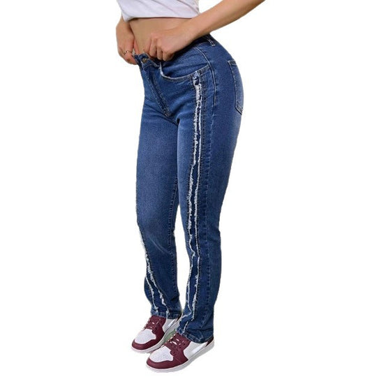 Damen Taillenbetonte High-Waist-Jeanshose mit vertikalen Raw-Edge-Streifen und leichtem Schlag Shop Nory