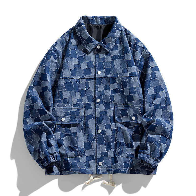 Herren Oversize-Jeansjacke im Karo-Look mit Druckknöpfen, Pattentaschen und Kordelzug Shop Nory