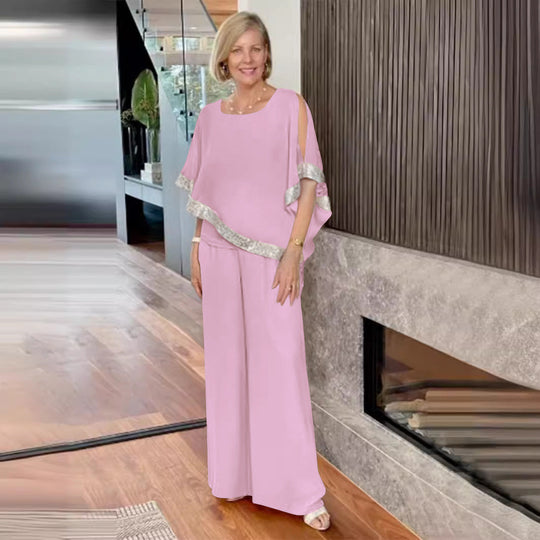 Damen elegantes Zweiteiler-Outfit mit luftiger Bluse und weitem Hosenstil Shopnory