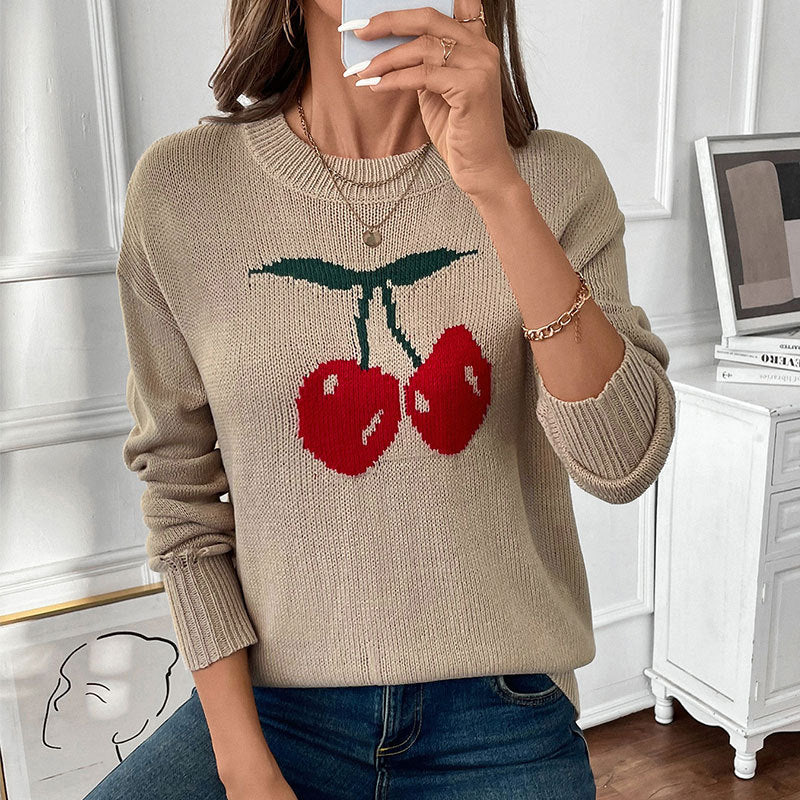 Damen Strickpullover mit Kirschen-Intarsie, Rundhalsausschnitt und legerem Oversize-Schnitt Shop Nory