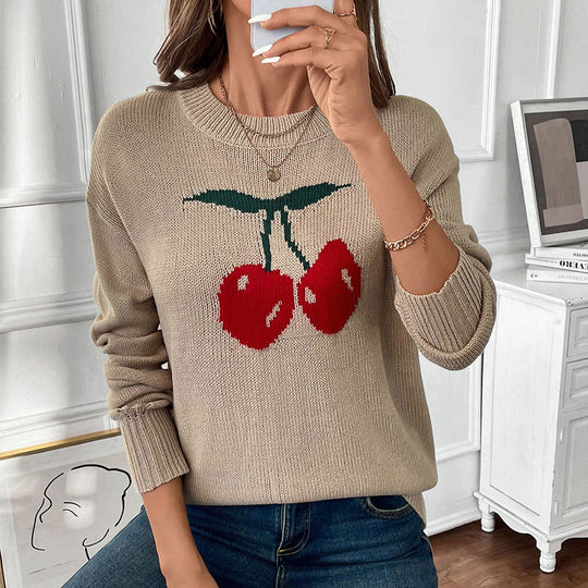Damen Strickpullover mit Kirschen-Intarsie, Rundhalsausschnitt und legerem Oversize-Schnitt Shop Nory