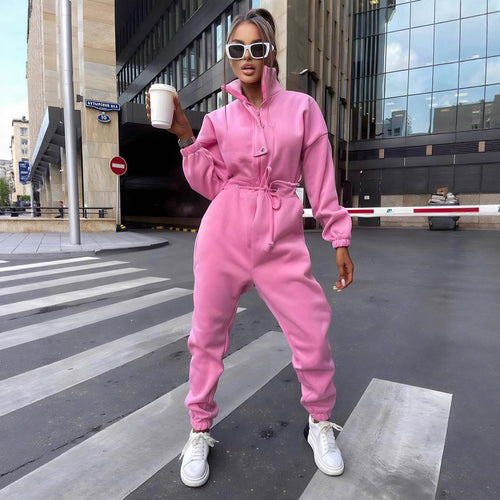 Damen taillierter Velours-Jumpsuit mit Tunnelzug Stehkragen und elastischen Bündchen Shop Nory