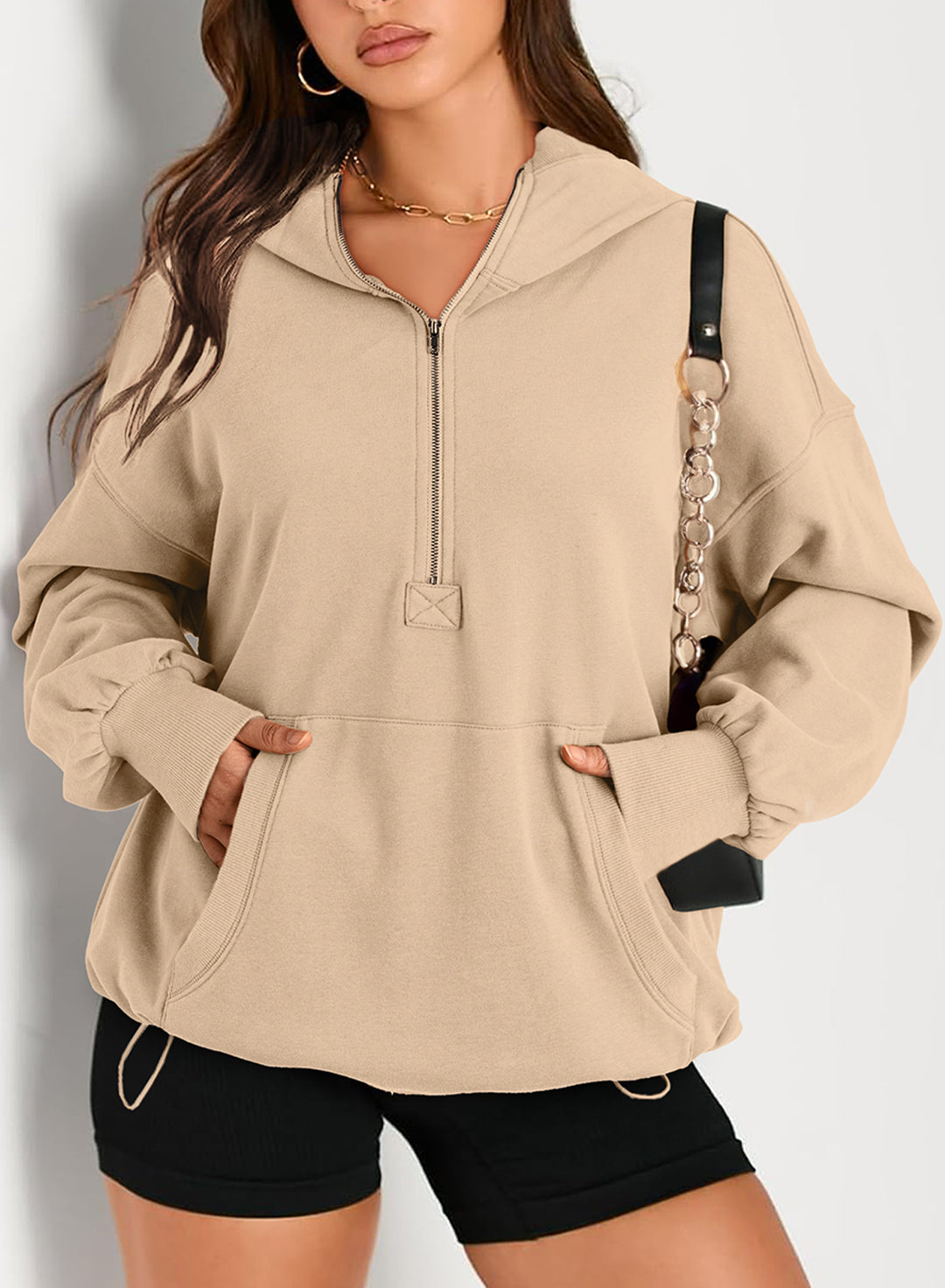 Damen Oversize-Halbzip-Hoodie mit Tunnelzug und Kängurutasche Shop Nory