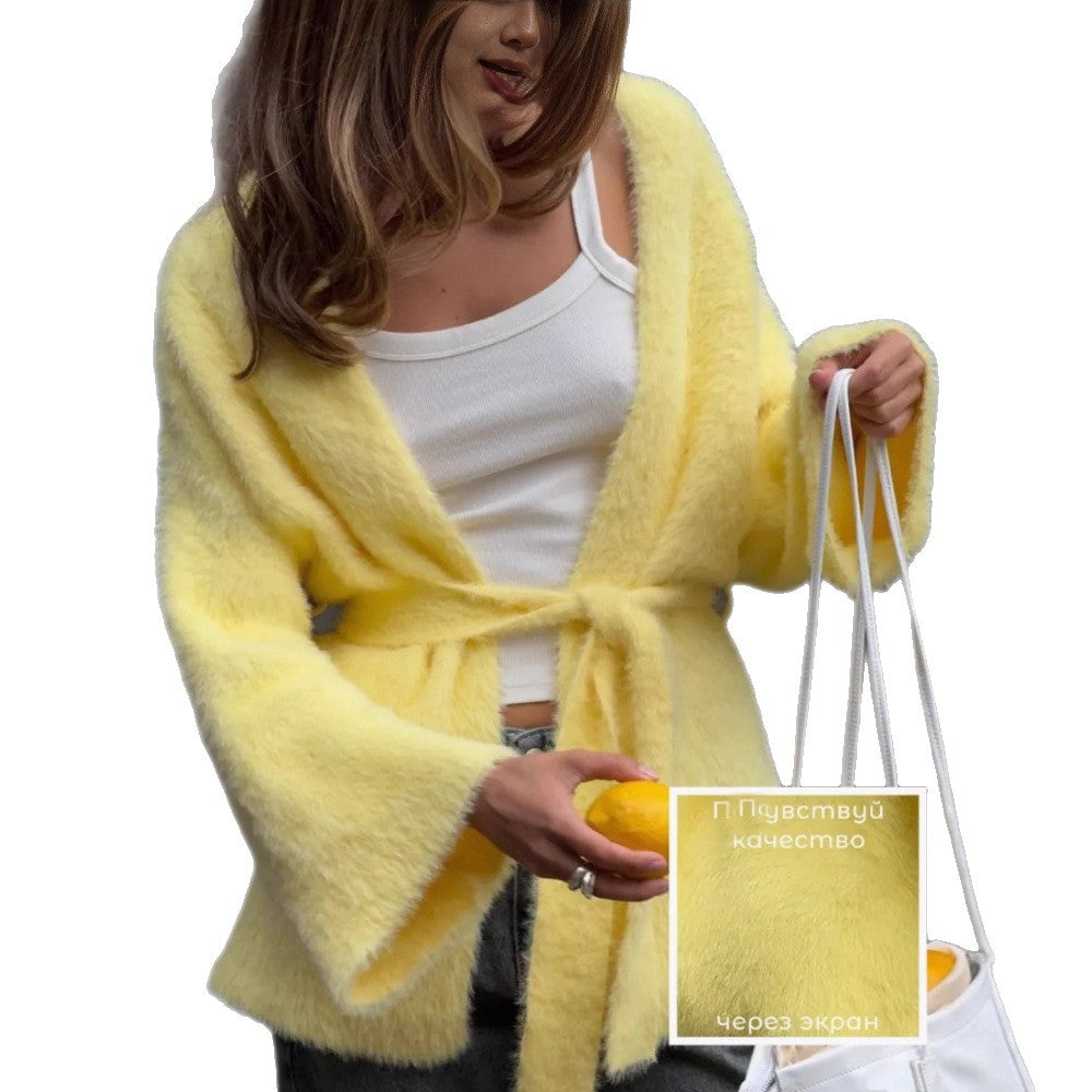 Damen Flauschige Strickjacke mit Gürtel Shop Nory