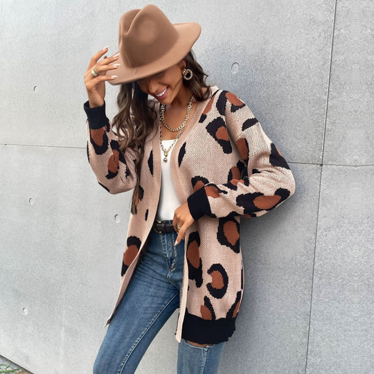 Damen Longline Cardigan im Leo-Jacquard mit offener Front und Rippbündchen Shop Nory