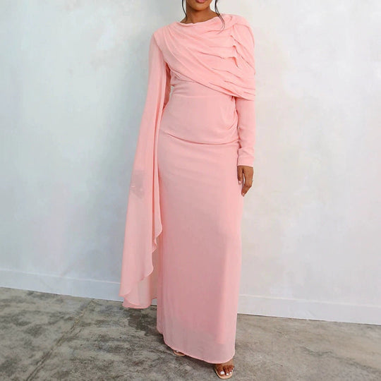 Damen Elegantes Maxi-Kleid mit drapierter Schultergestaltung und langem Arm Shopnory