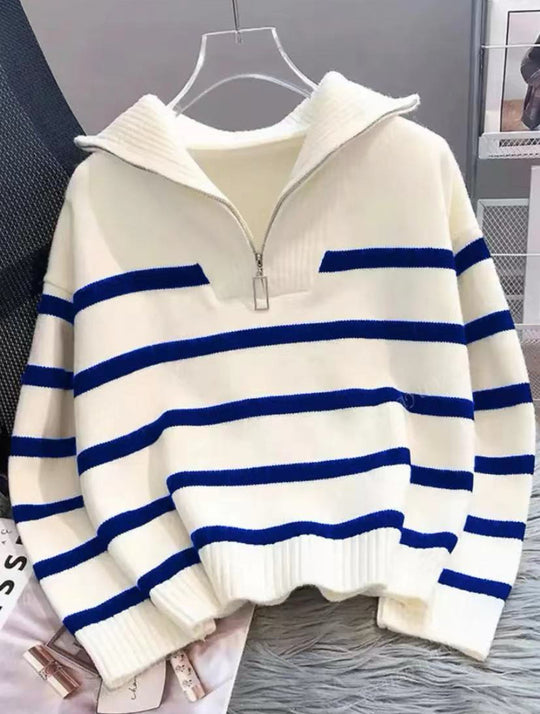 Damen Gestreifter Halb-Reißverschluss Strickpullover mit Rippenkragen Shop Nory