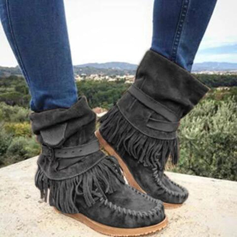 Damen Mokassin-Stiefel mit fransigen Details und modischer Schnalle