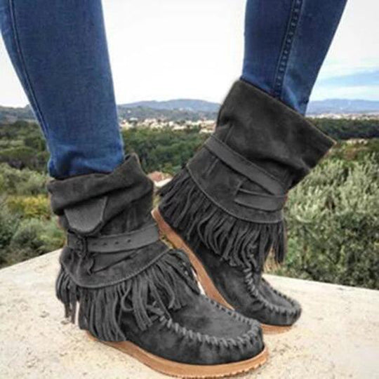 Damen Mokassin-Stiefel mit fransigen Details und modischer Schnalle