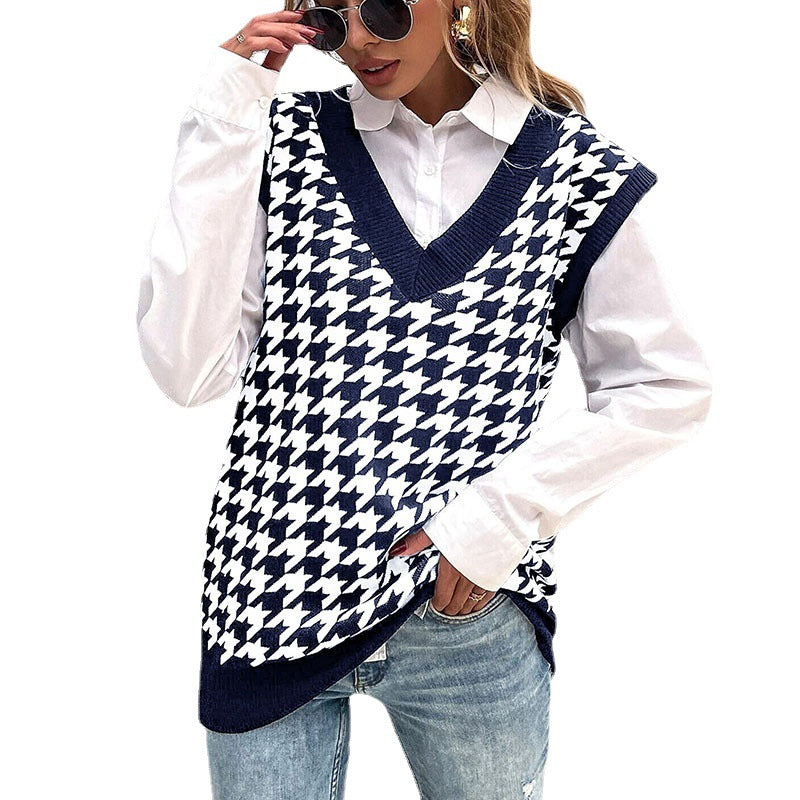 Damen Hochwertiger Strickpullover mit V-Ausschnitt und Hahnentrittmuster Shop Nory