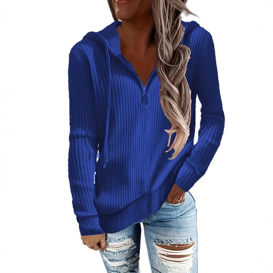 Damen Lässiger Rippstrick-Hoodie mit halbhohem Reißverschluss und Ringzipper Shop Nory