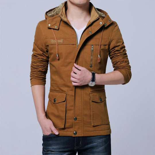 Herren Canvas-Parka mit gefütterter Kapuze, Multifunktions-Taschen und verdecktem Reißverschluss Shop Nory