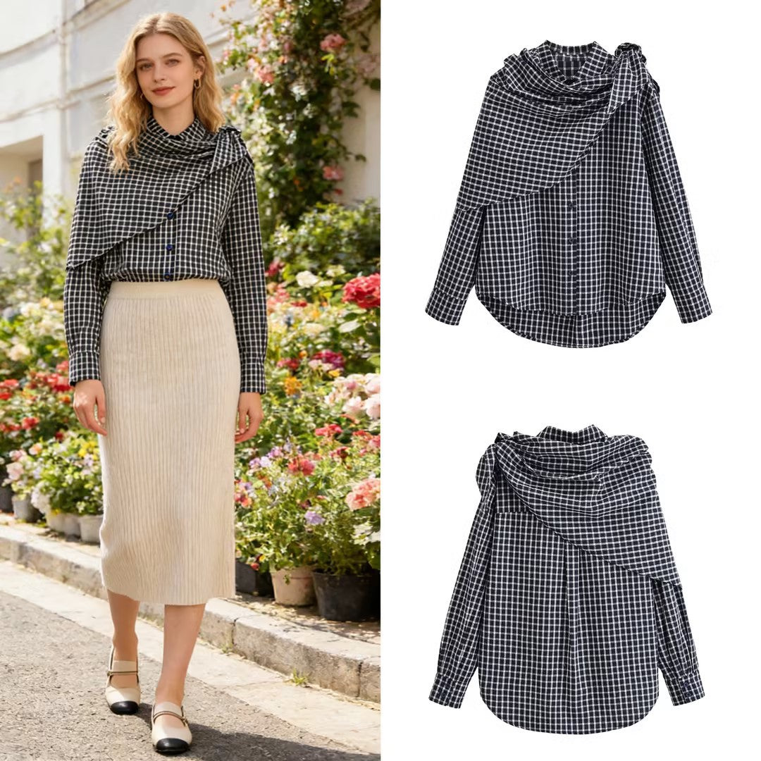 Damen Asymmetrische Karo-Hemdbluse mit integriertem Schal-Tuch und Knopfleiste Shop Nory