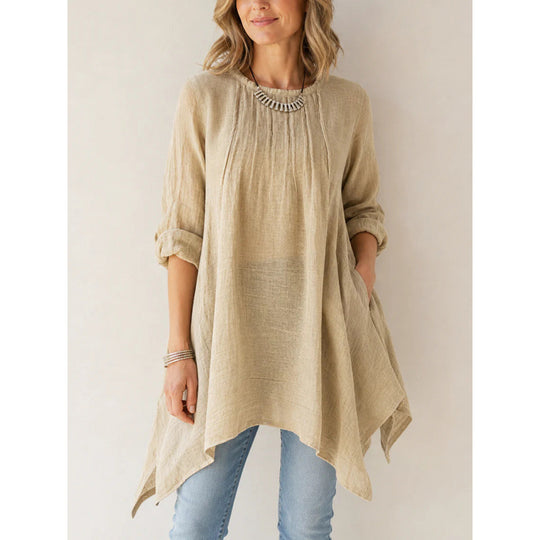 Damen Lässige Long-Tunika mit Handtuchsaum, Kräusel-Biesen und Eingrifftaschen Shop Nory
