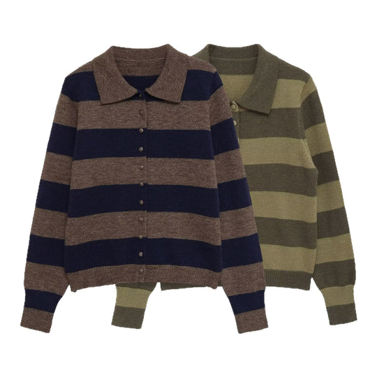 Damen Gestreifte Strickjacke mit Polokragen und Knopfleiste Shop Nory