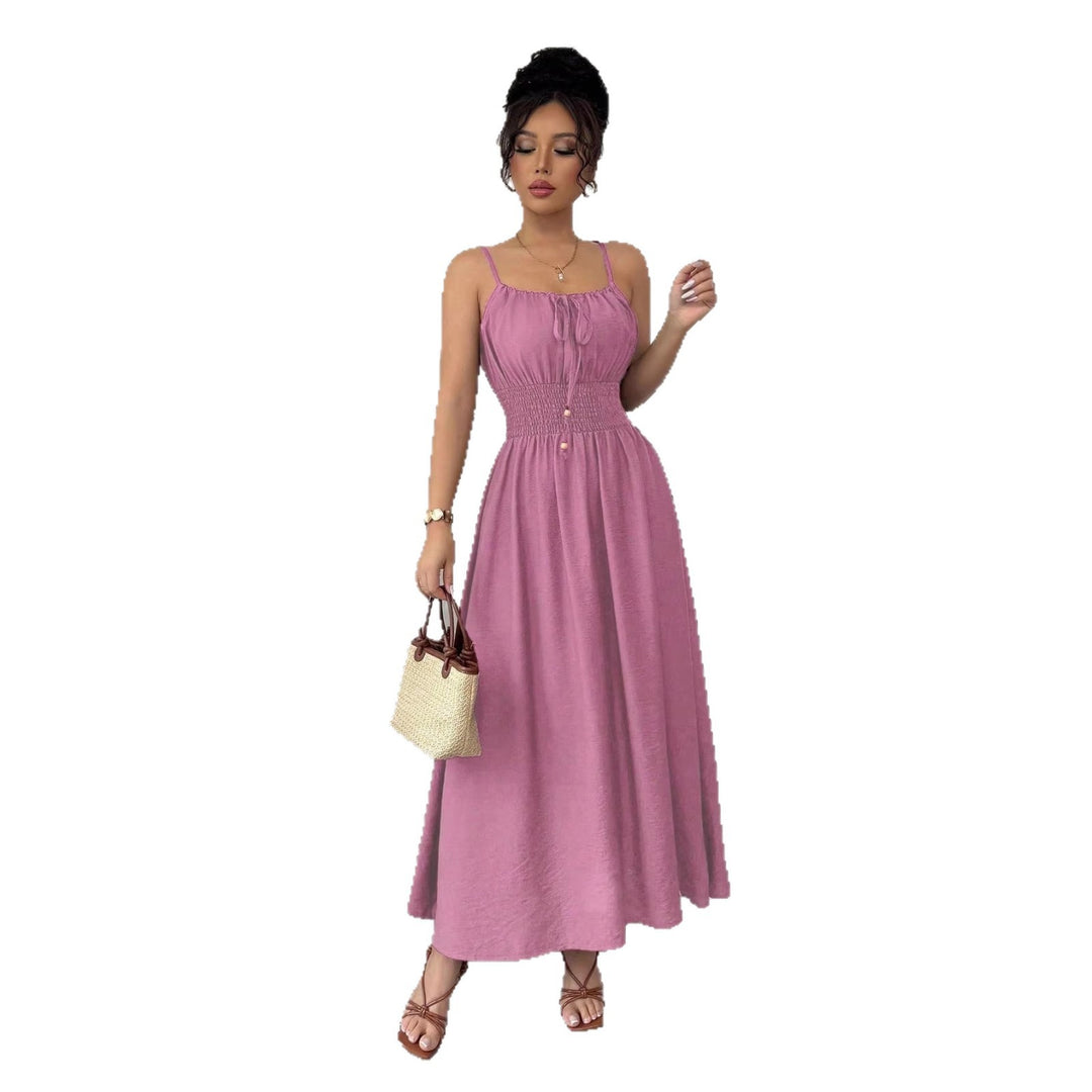 Damen Midikleid mit Smokbund, Spaghettiträgern und Bindekordel Shop Nory