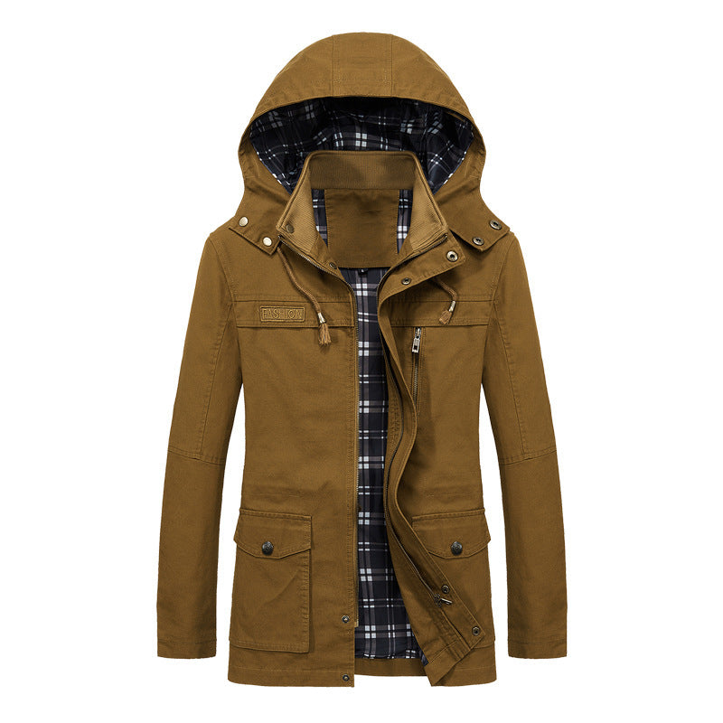 Herren Canvas-Fieldparka mit Kapuze, kariertem Innenfutter und Multifunktionstaschen Shop Nory
