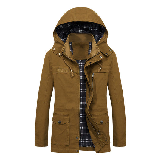 Herren Canvas-Fieldparka mit Kapuze, kariertem Innenfutter und Multifunktionstaschen Shop Nory