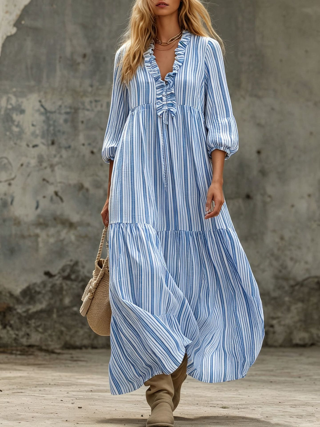 Damen Maxikleid mit Rüschen-V-Ausschnitt und Ballonärmeln Shop Nory
