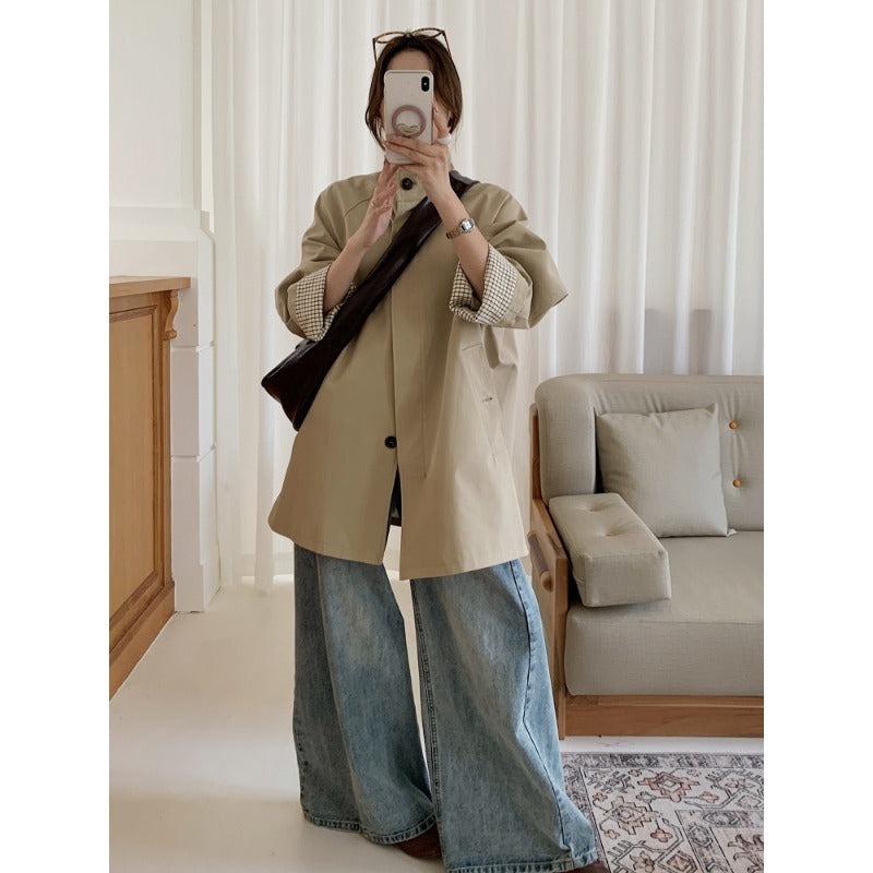 Damen Oversize-Mantel mit Stehkragen und kariertem Ärmelsaum Shop Nory