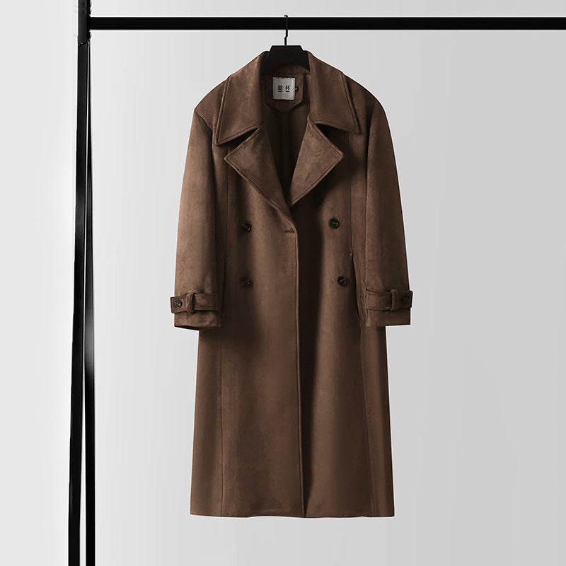 Herren Maxilanger Trenchcoat aus Velourslederoptik mit Doppelreihe und Taillenband Shop Nory