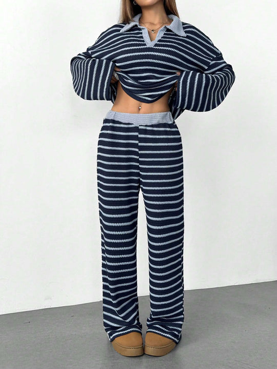 Damen Gestreiftes Strick-Set aus Polokrippenpullover und weiten Palazzo-Strickhose Shop Nory