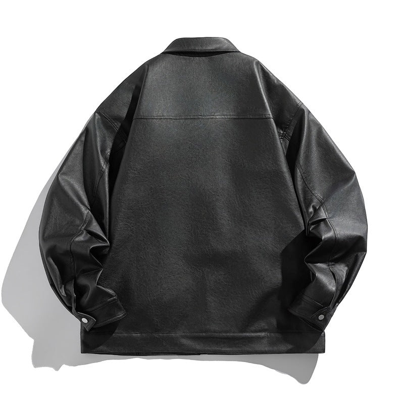Unisex Boxy Kunstleder-Blousonjacke mit Hemdkragen, diagonalem Brustreißverschluss und Druckknopf-Saum Shop Nory
