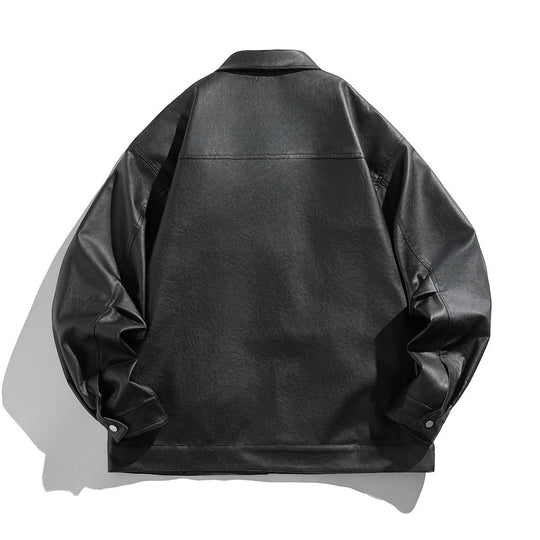 Unisex Boxy Kunstleder-Blousonjacke mit Hemdkragen, diagonalem Brustreißverschluss und Druckknopf-Saum Shop Nory