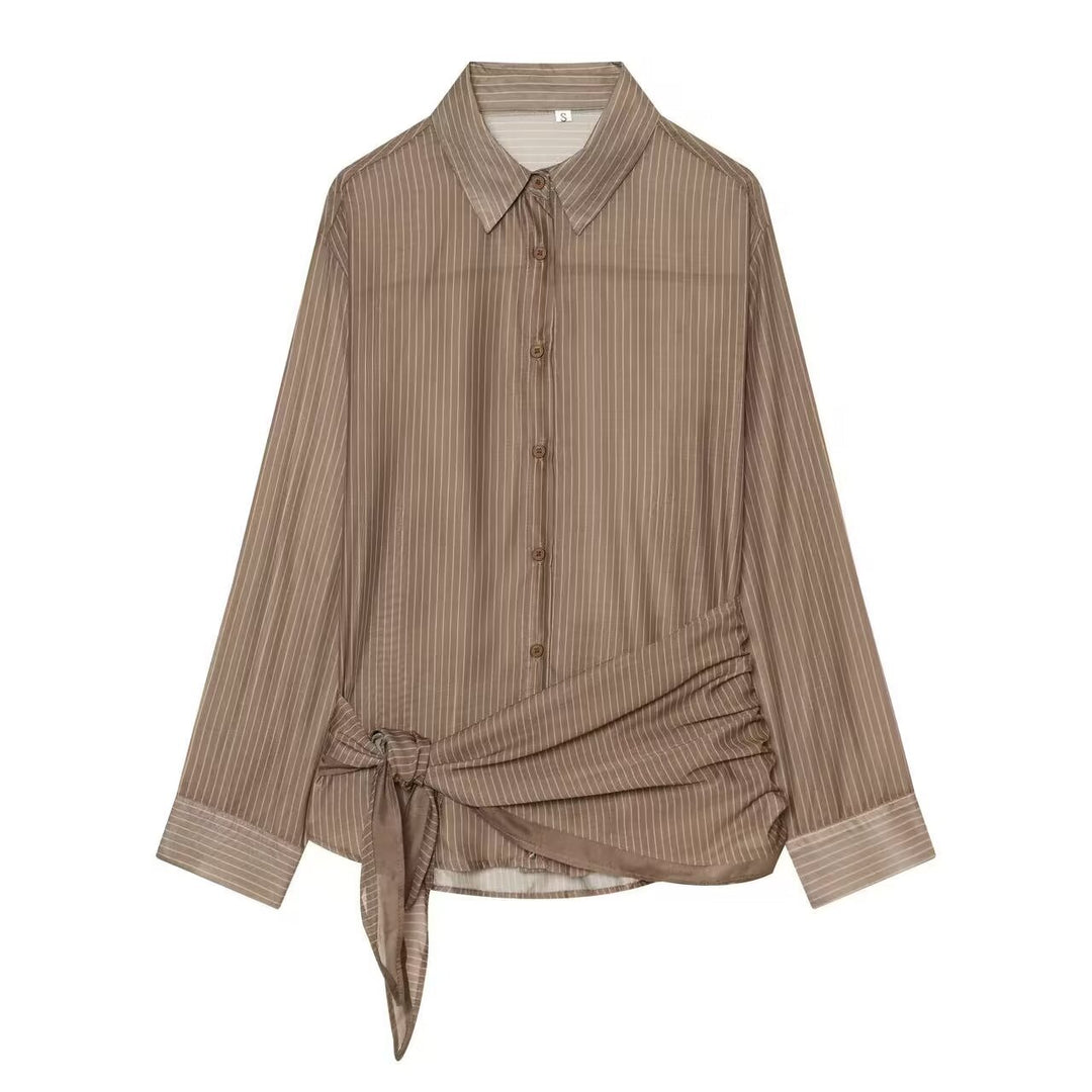 Damen Nadelstreifen-Seidenoptik-Bluse mit seitlicher Knotendetail Shop Nory