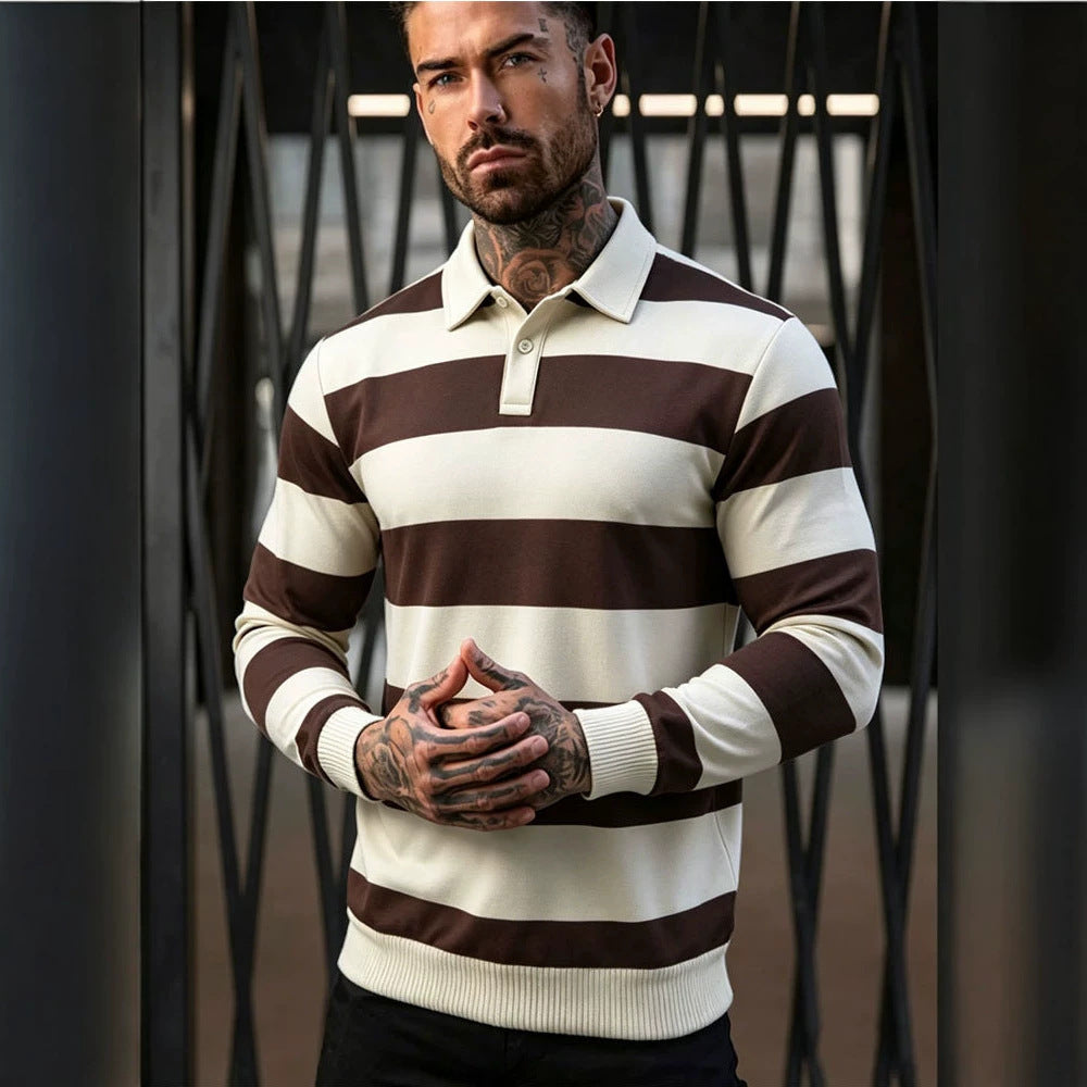 Herren gestreifter Rugby-Polo-Pullover mit Knopfleiste und Rippbündchen Shop Nory