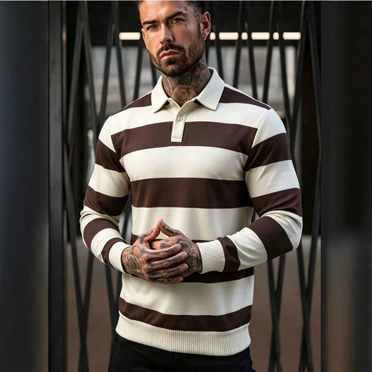 Herren gestreifter Rugby-Polo-Pullover mit Knopfleiste und Rippbündchen Shop Nory