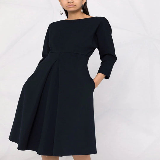 Damen Kleid mit 3/4-Ärmeln, Boot-Ausschnitt und tailliertem Faltenrock Shop Nory