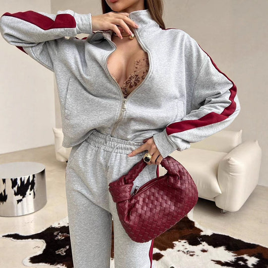 Damen Velours-Loungewear-Set mit Stehkragen, Zip-Jacke und weitem Palazzo-Hosenbein Shop Nory