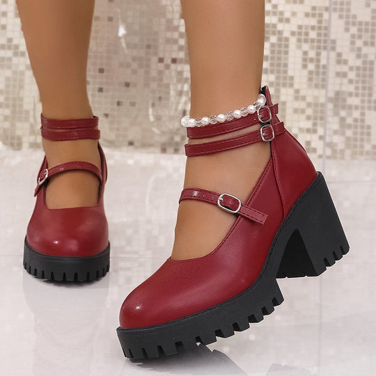 Damen Mary-Jane-Schuhe mit profiliertem Plateau, klobigem Blockabsatz und verstellbaren Riemen Shop Nory