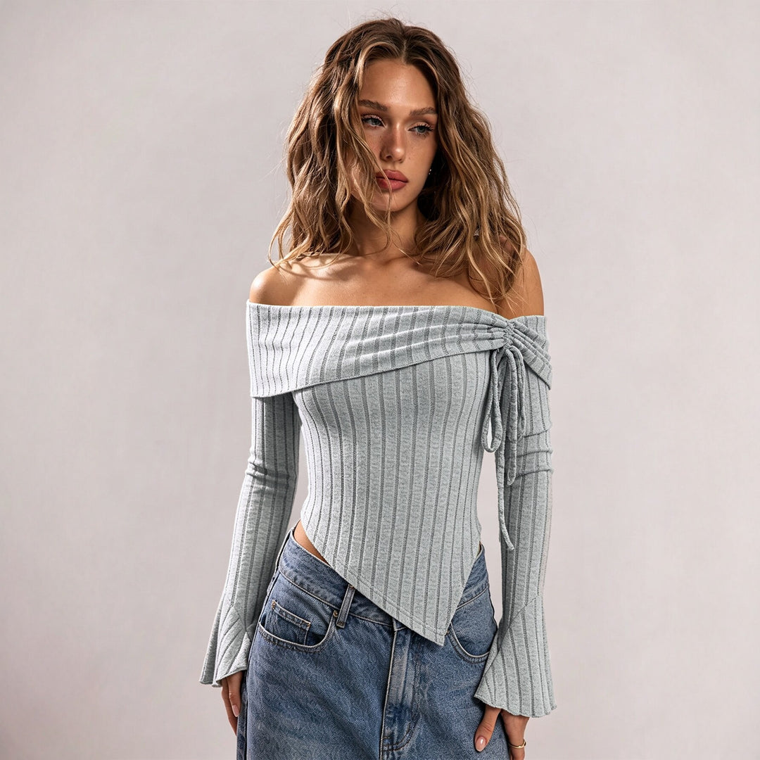 Damen schulterfreies geripptes Strick-Top mit asymmetrischem Zipfelsaum und Schnürdetail Shop Nory