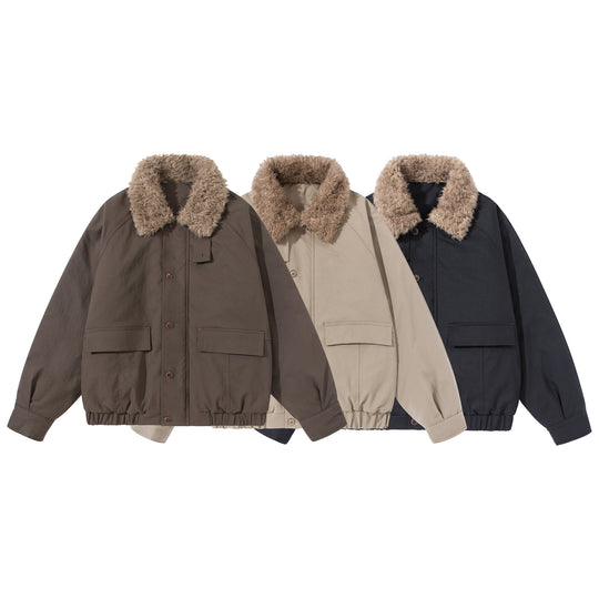 Unisex Boxy Isolationsblouson mit abnehmbarem Kunstfell-Drehkragen und Cargotaschen Shop Nory