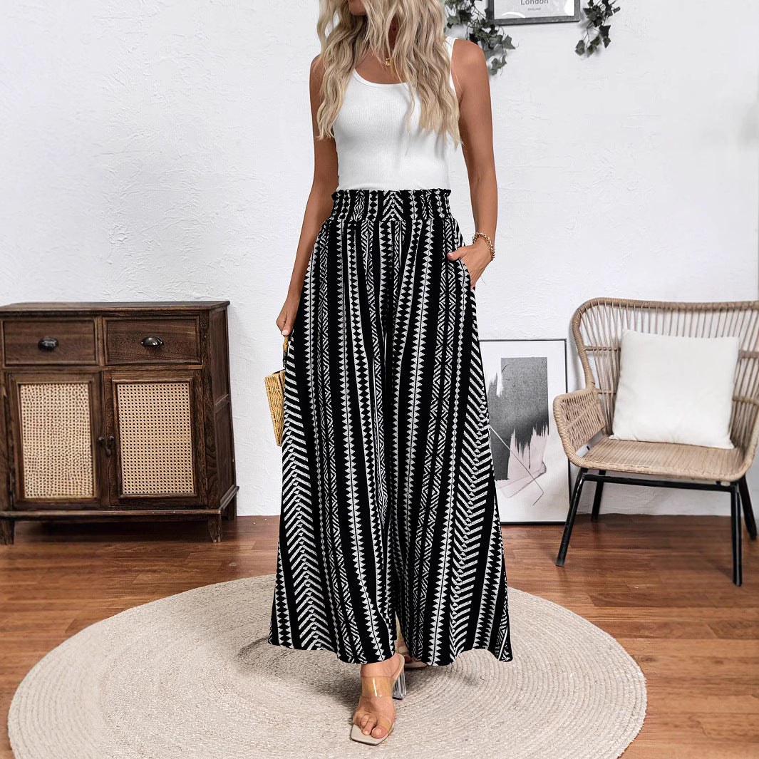 Damen Weite Palazzo-Hose mit hohem Smockbund, Seitentaschen & grafischem Streifenmuster Shop Nory