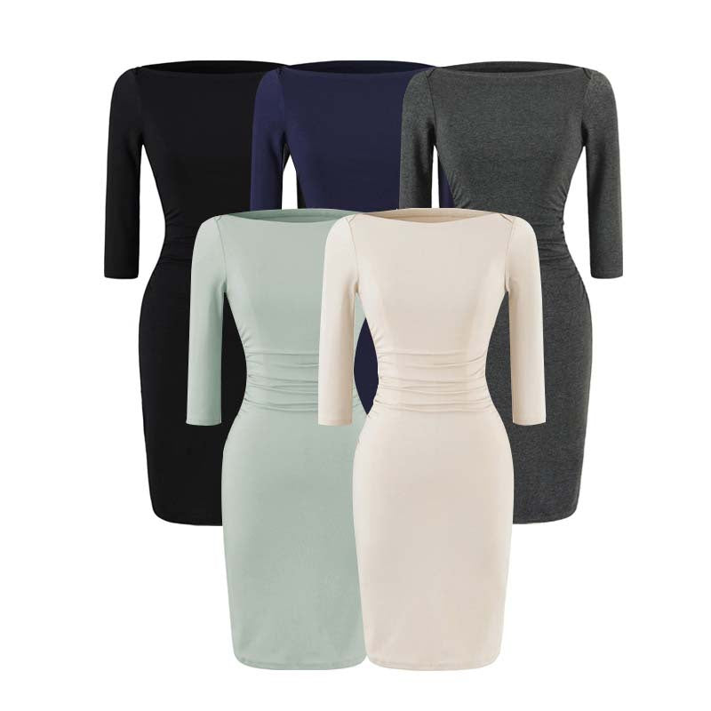 Damen Figurnahes Midikleid mit U-Boot-Ausschnitt, dreiviertelärmeln und geraffter Taille Shop Nory