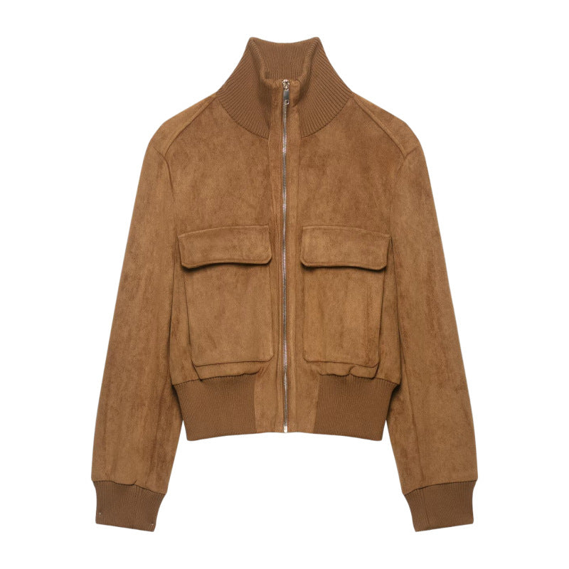Damen Kurze Wildlederoptik-Bomberjacke mit Stehkragen, Klappentaschen und Rippbündchen Shop Nory