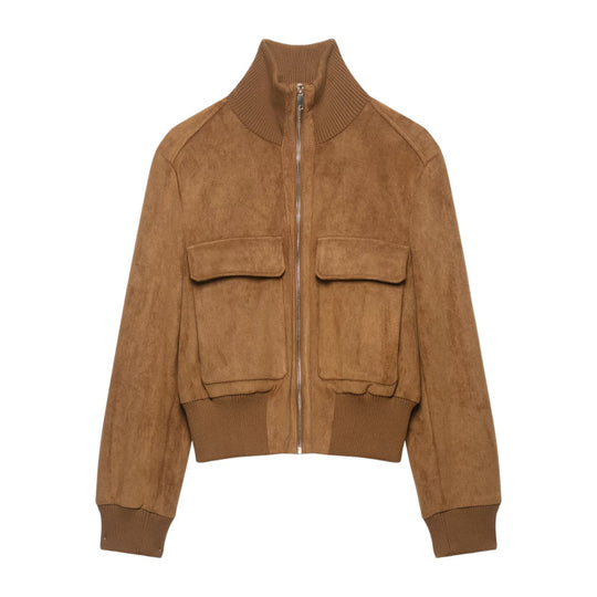 Damen Kurze Wildlederoptik-Bomberjacke mit Stehkragen, Klappentaschen und Rippbündchen Shop Nory