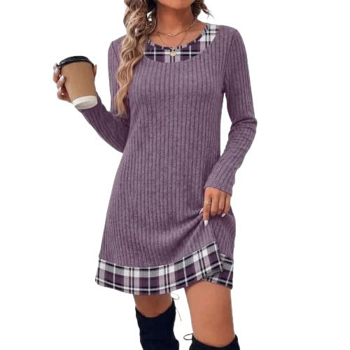 Damen Gerippte Longshirt‑Kleid mit Karierter Saum‑ und Ausschnittblende Shop Nory