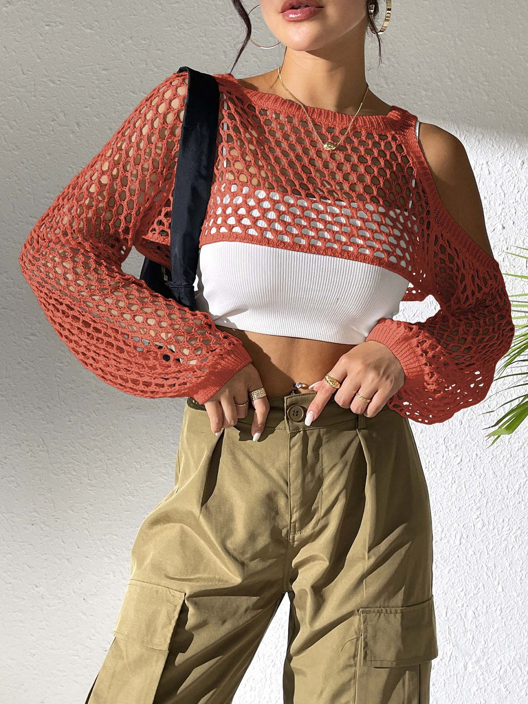 Damen gestricktes Netzoberteil mit offenen Schultern und modischem Design