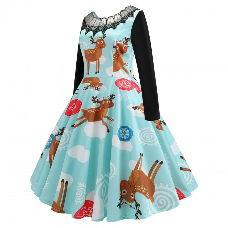 Damen Festliches Retro Swing Kleid mit Langarm A Linien Schnitt und Rentier-Print Shop Nory