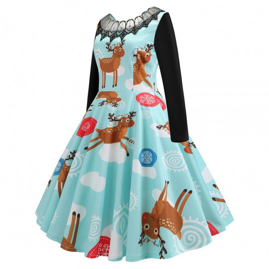 Damen Festliches Retro Swing Kleid mit Langarm A Linien Schnitt und Rentier-Print Shop Nory