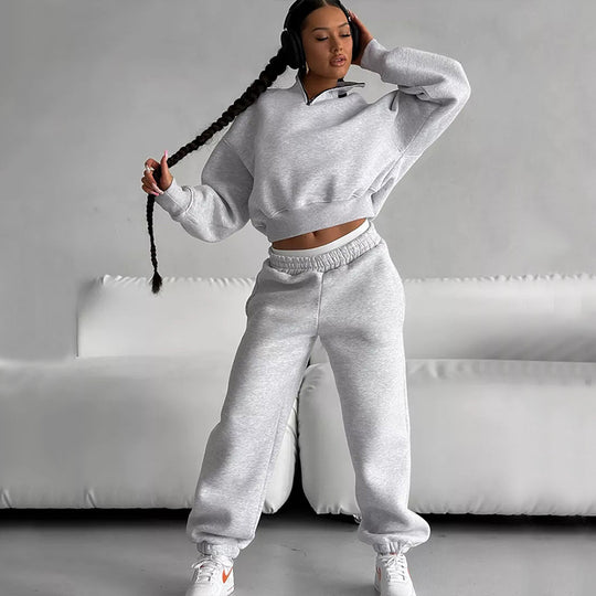 Damen Zweiteiliges Cropped-Halbzip-Sweatset mit Stehkragen und elastischer High-Waist-Jogginghose Shop Nory