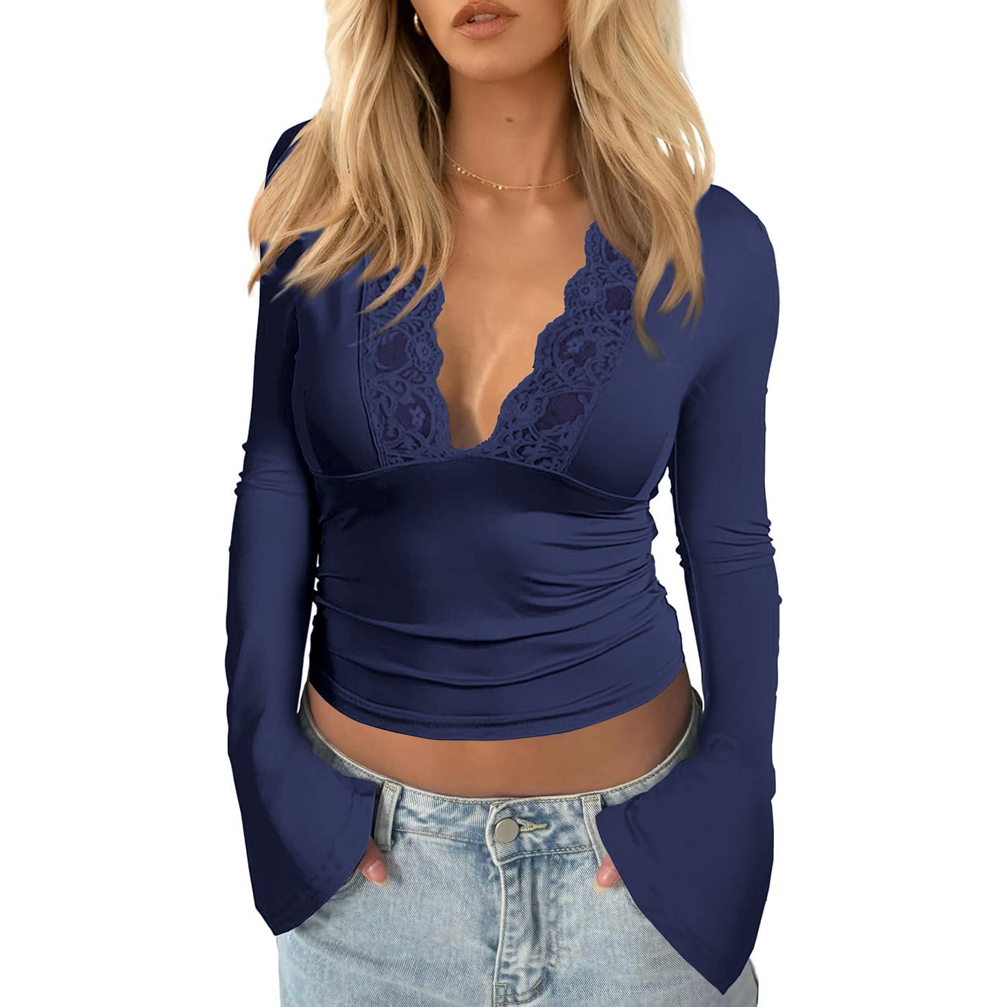 Damen Wickeloberteil mit Spitze und weitem Ärmel