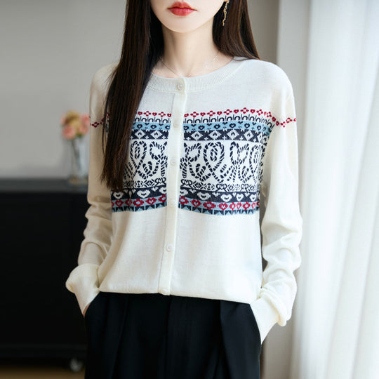 Damen Leichter Feinstrick-Cardigan mit nordischem Jacquardmuster und feiner Knopfleiste Shop Nory