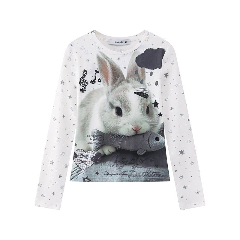 Damen Langarmshirt mit fotorealistischem Hasen-Fotoprint, Allover-Sternenmuster und elastischem Jersey Shop Nory