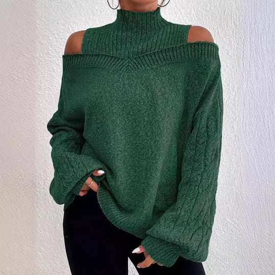 Damen nan schulterfreier Strickpullover mit Stehkragen und Zopfmusterärmeln Shop Nory