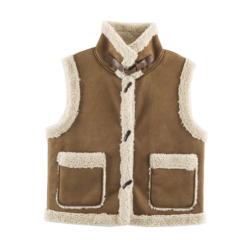 Damen Ärmellose Lammfelloptik‑Weste mit Stehkragen und Knebelverschlüssen Shop Nory
